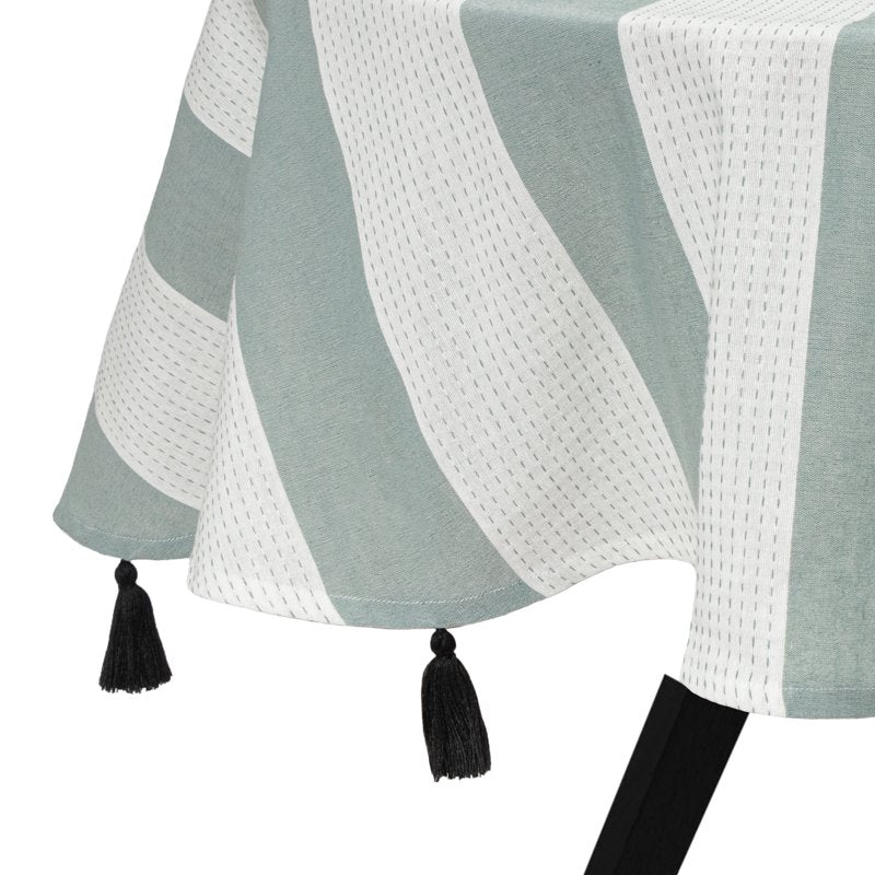 70" Round Tablecloth - Green & White with Black Tassels, 4 Pack