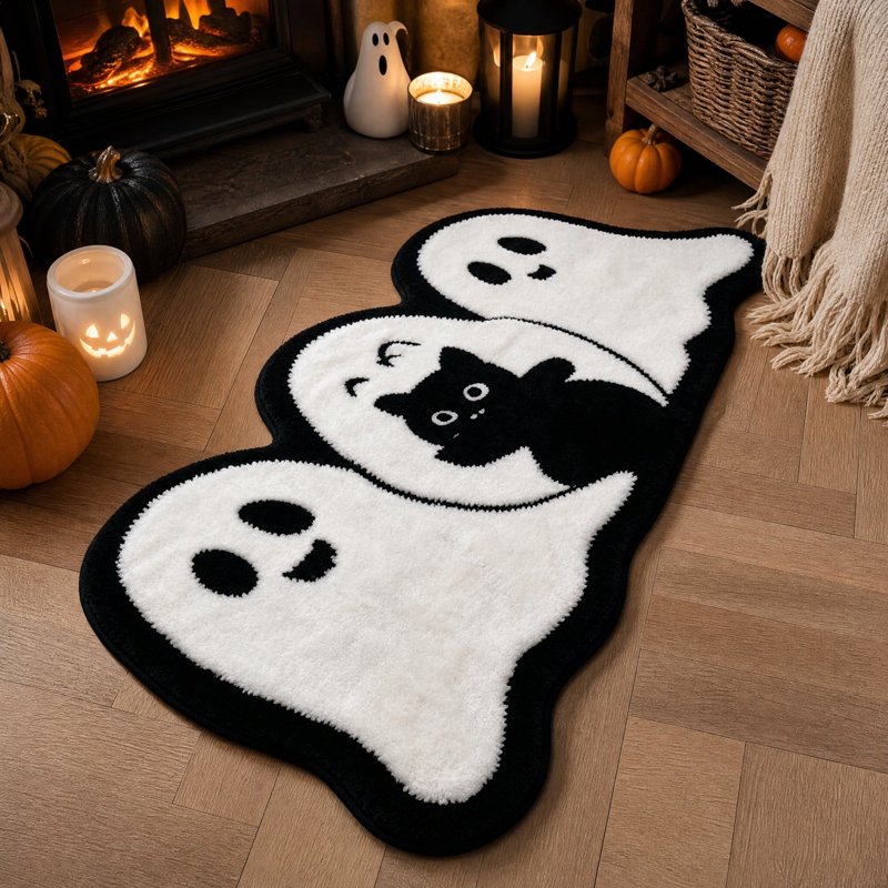 Halloween Door Mat 31.5x19.7in Ghost & Black Cat Crystal Velvet Welcome Indoor Rug - Variation of THIS listing