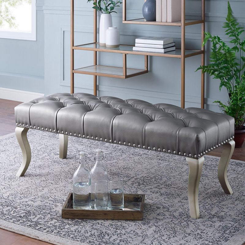 Upholstered Bench with Nailhead Trim - Champagne Fabric
