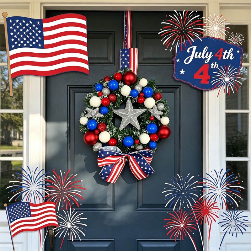 Patriotic Wreath Decorations - Independence Day Red, White & Blue Wreath - Outdoor Indoor Decor - Variation 0E