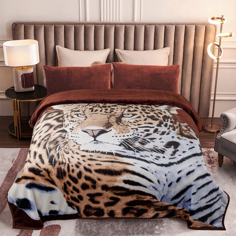Full/Queen Microfiber Fleece Blanket with Leopard & Tiger Patterns - Warm & Soft, 75x87, 5LB - Brown Variation