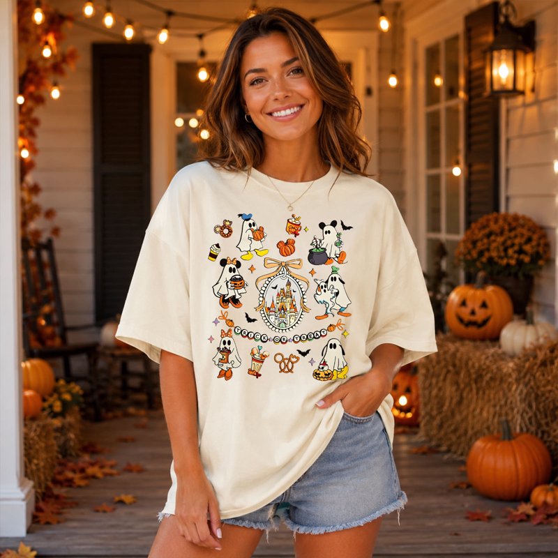 Beige Oversized Halloween Ghost Castle Graphic T‑Shirt for Women - Cute Fall Casual Top
