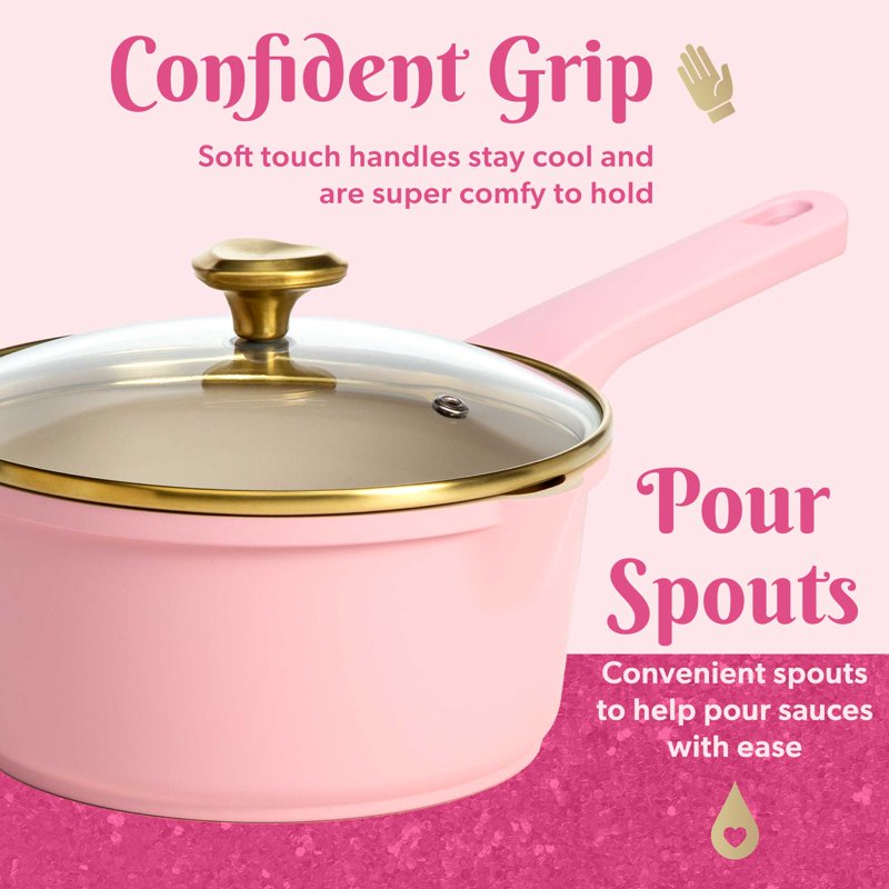10-Piece Pink Ceramic Nonstick Cookware Set with Heart Knobs