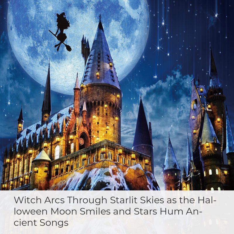 Magical Castle Halloween Shower Curtain Waterproof Bathroom Decor - 72x72 - Blue & Gold - With Flying Witch & Full Moon