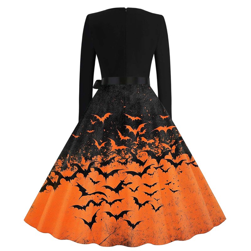 Women's Vintage Halloween Bat Print Swing Dress with Satin Sash - Orange, L