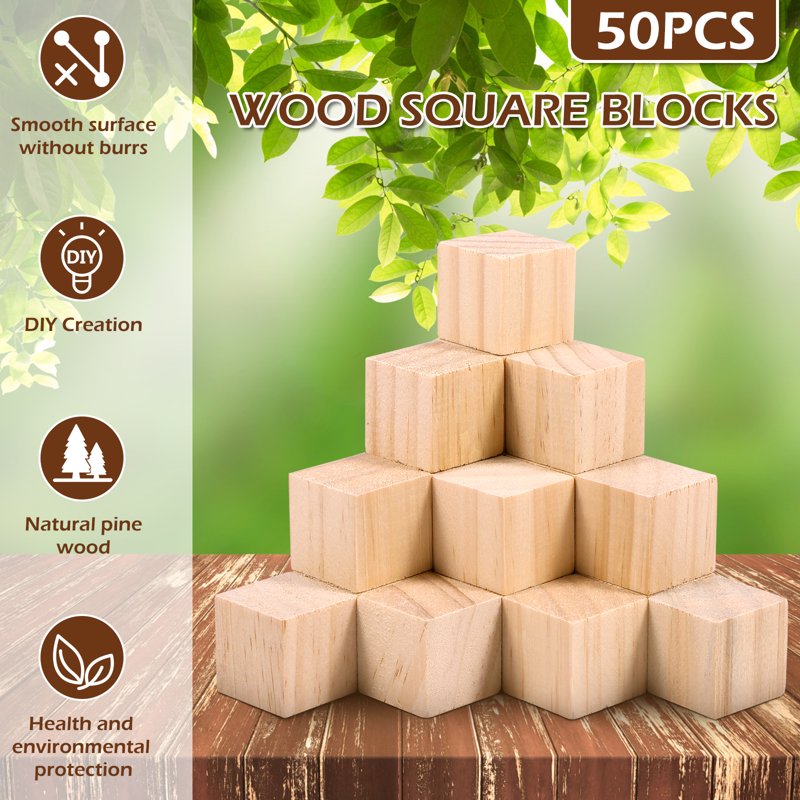 50PCS 1 Inch Wooden Blocks for Crafts Unfinished Pine Square Cubes DIY Toys