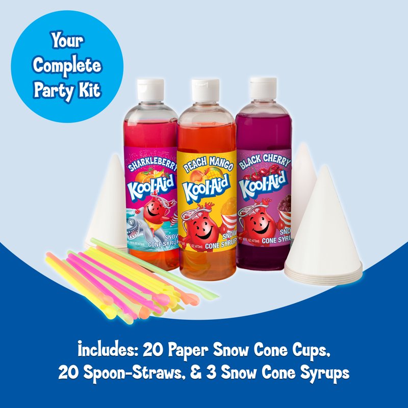 Kool-Aid Snow Cone Syrup Party Kit - Sharkleberry, Peach Mango, Black Cherry