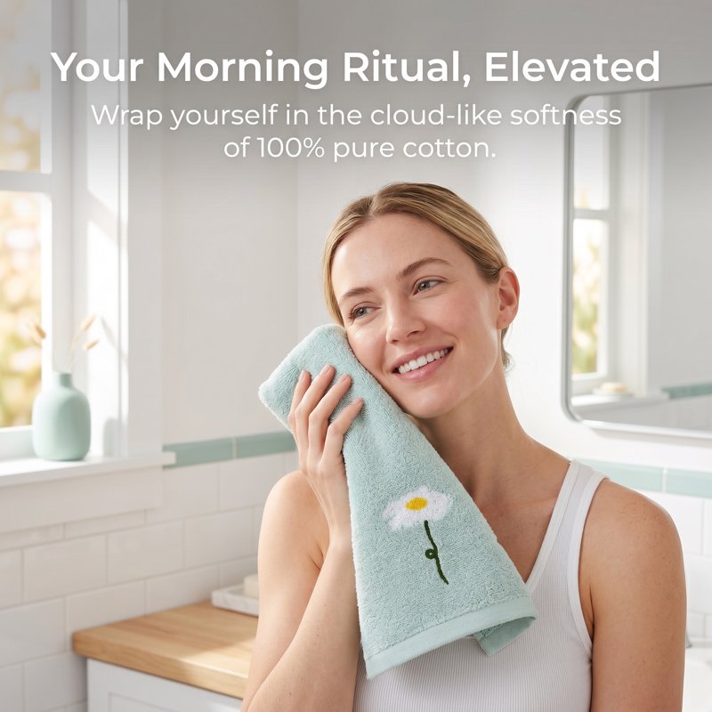 Blue Floral Cotton Hand Towels Set - Embroidered, Soft, Absorbent, 4-Piece, 13x30 Inches