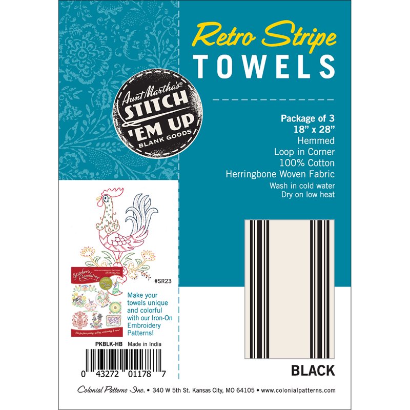 Retro Black Herringbone Striped Kitchen Towels - 2 Pack