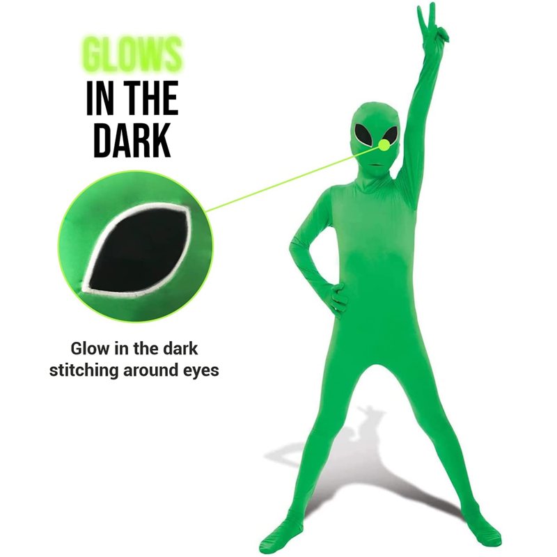 Kids Alien Morphsuit Costume L Green Halloween Fancy Dress - Glow-in-the-Dark