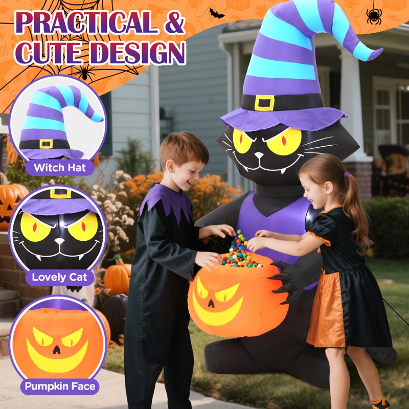 Inflatable Halloween Black Cat with Glowing Jack-o'-Lantern & Witch Hat, 6ft Outdoor Decor