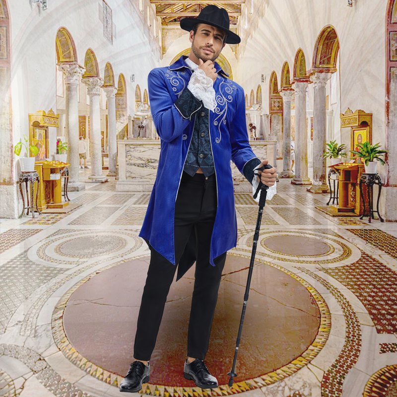Men's Medieval Steampunk Tailcoat Jacket - Gothic Victorian Frock Coat, Blue, Small