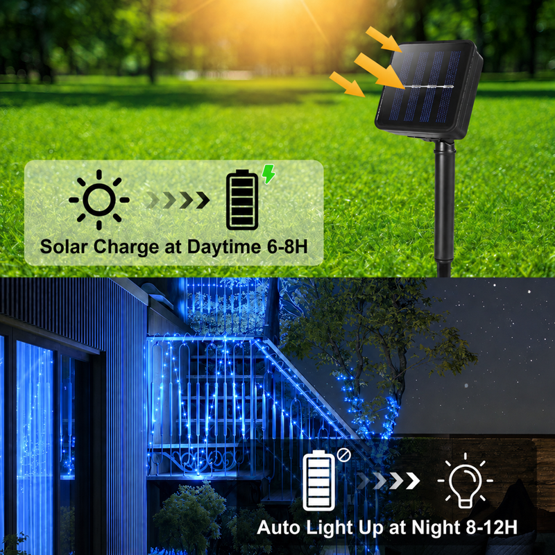 Blue Solar Rope Lights Outdoor Waterproof 100LED Tube String with USB Rechargeable Timer