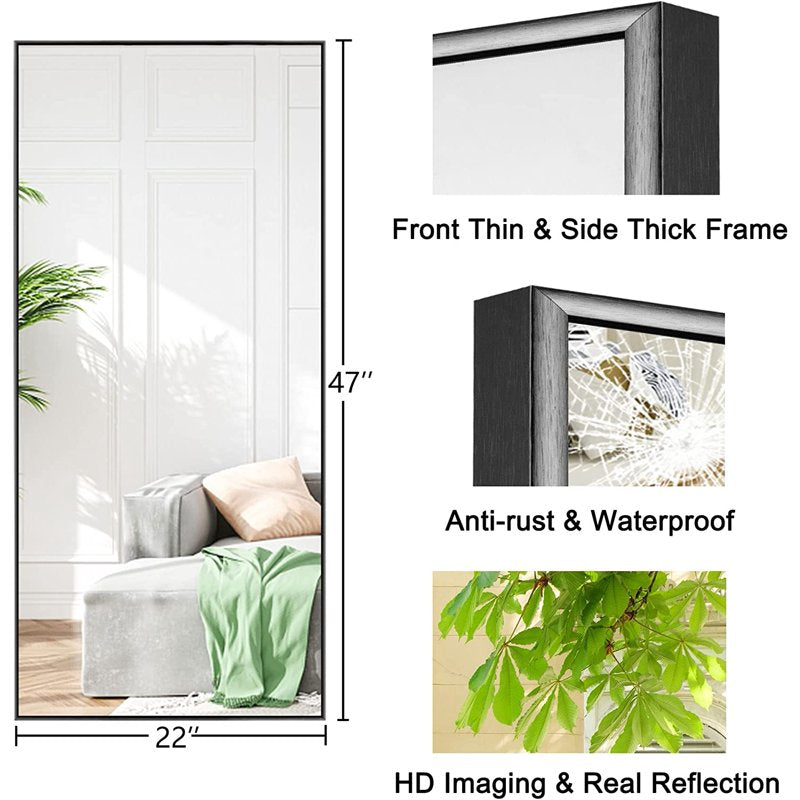 Large 47x22 Inch Wall Mirror - Black Aluminum Frame, Shatterproof & Wall-Mounted