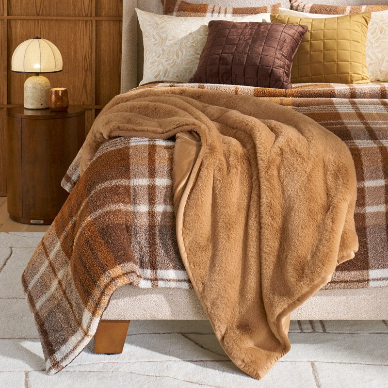 Reversible Faux Fur & Micromink Throw Blanket - Dark Caramel Solid Print, 50 x 72 in