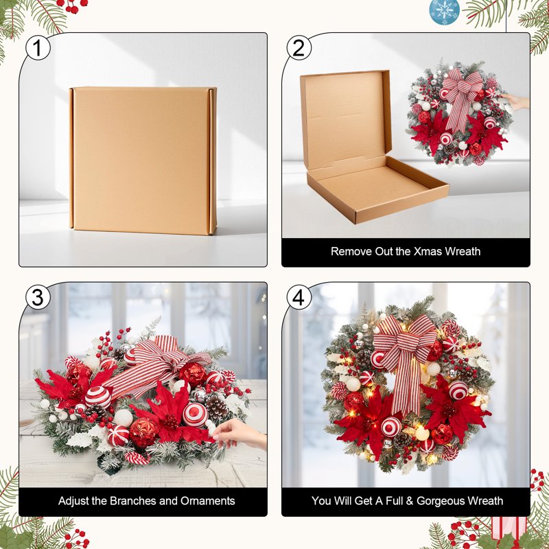 24 Inch Lighted Christmas Wreath with Timer & Red Snow White Variation