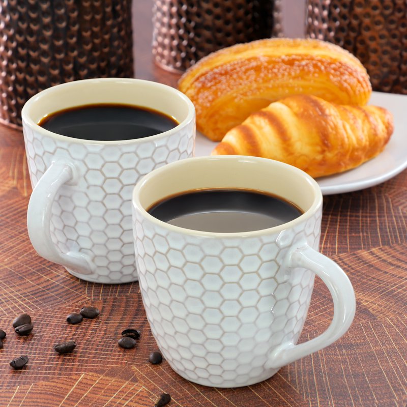 Honeycomb Mug Set - 6 Durable 15 Oz Mugs in White