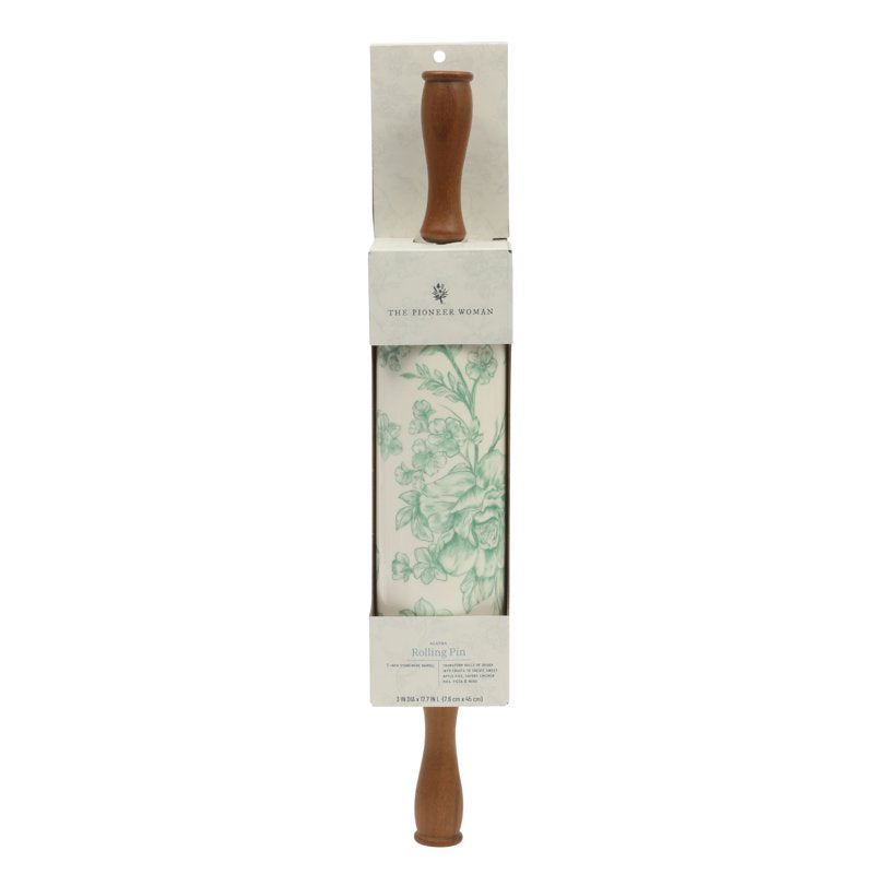 Ceramic Rolling Pin with Wood Handles - Green Floral Design