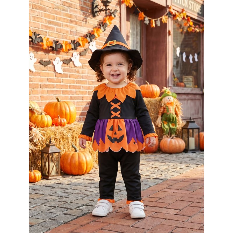 Toddler Girl Halloween Costume Pumpkin Outfit with Hat - Orange Black 3-4 Years