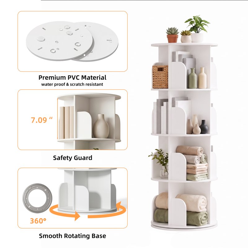 360° Rotating Bookshelf - 4 Tier White Bookcase Storage Rack
