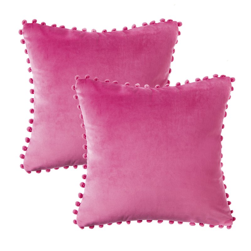 Phantoscope Pom Pom Velvet Throw Pillow Set - 18x18 Inches, Pink, 2 Pack