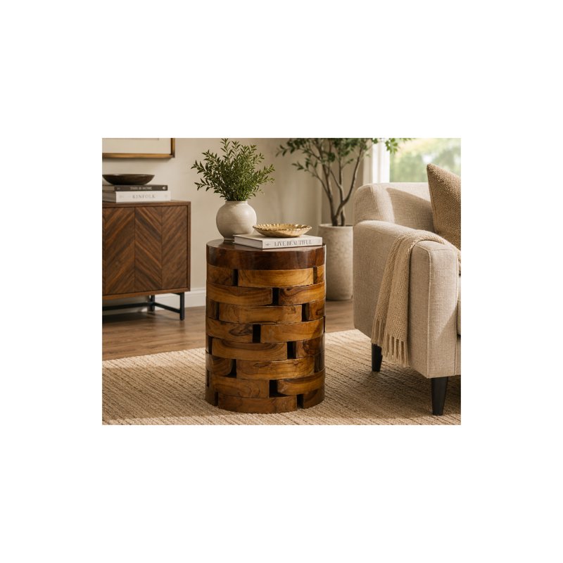 Handmade Teak Wood Round Accent Table - 14" x 18"