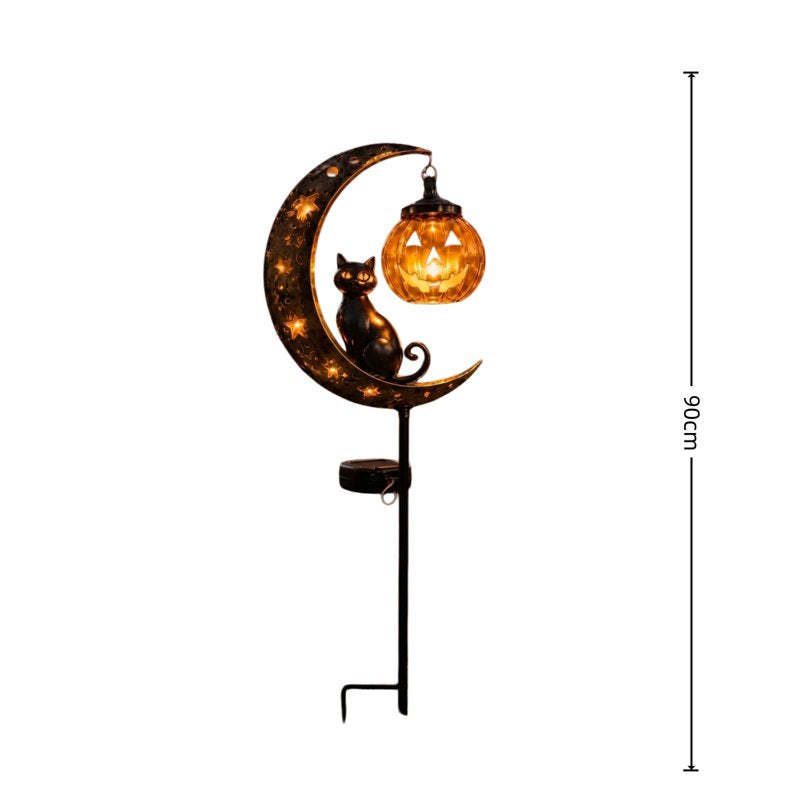 Halloween Solar Garden Stake Light Metal Crescent with Pumpkin & Cat C