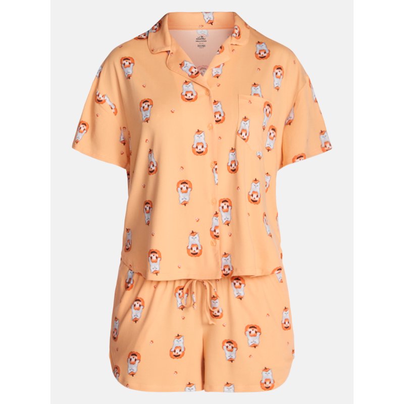 Women's Halloween Notched Top and Shorts Pajama Set - Salmon Buff 3X