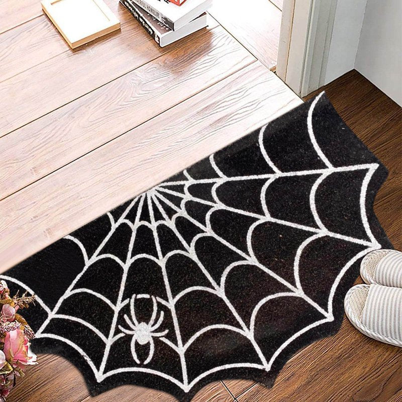 Halloween Welcome Doormat - Outdoor Entrance Half-Circle Floor Rug with Spider Web Design