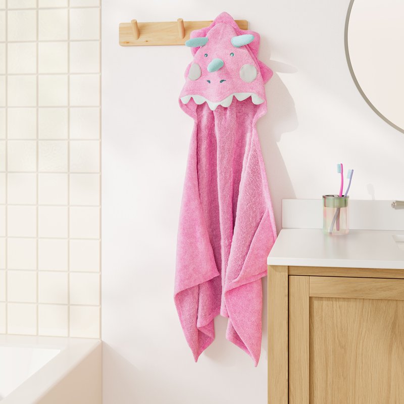 Kids Hooded Cotton Terry Bath Towel - Pink Dino, 25 x 50 Inches