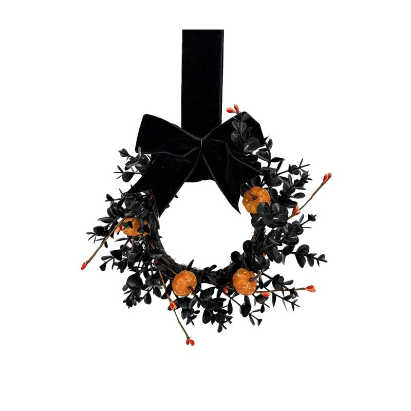 Halloween Front Door Wreath with Pumpkins & Black Foliage - Reusable Decor