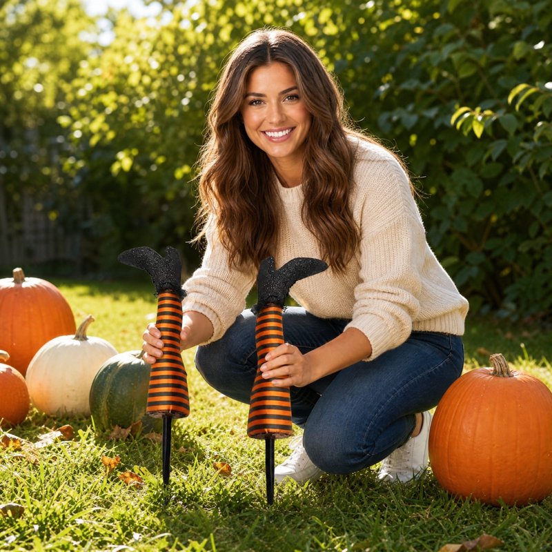Halloween Witch Leg Yard Stakes with Glitter Shoes & Striped Stockings - Orange Variation