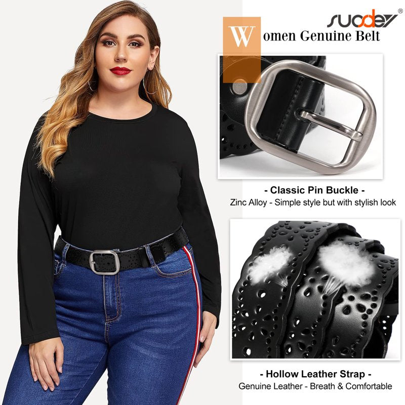 Women's Hollow Flower Leather Belt for Jeans & Dresses - Black, Fit 25-51 Inch, Variation: Black (51-57 Inch)