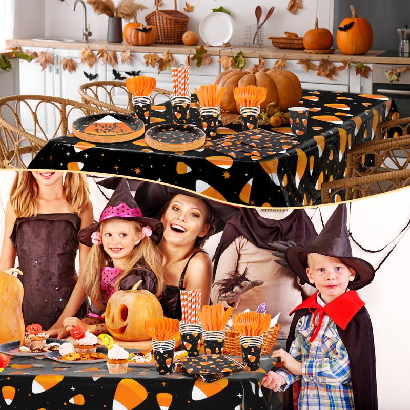 Halloween Candy Corn Disposable Tableware Set for 24 Guests - Plates Cups Napkins & Cutlery