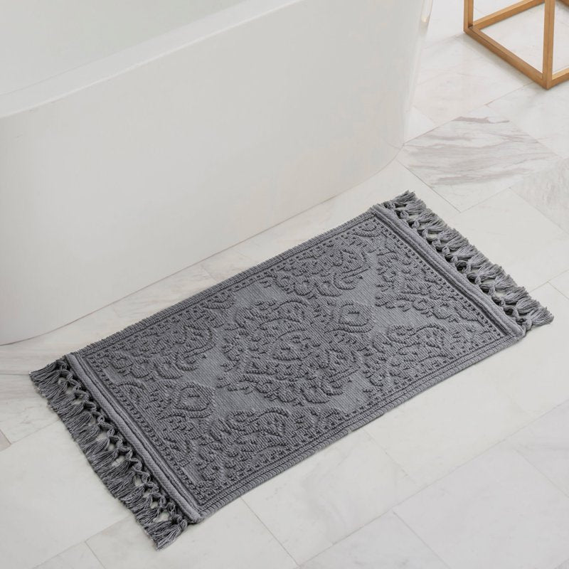 Cotton Fringe Bath Rug Set - Dark Gray 17 x 24 & 21 x 34 Inches - Bohemian Style, Soft & Absorbent