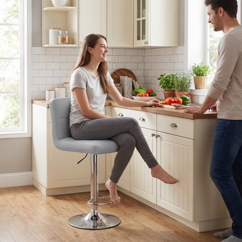 Adjustable Swivel Bar Stools - Set of 2 Gray PU Leather
