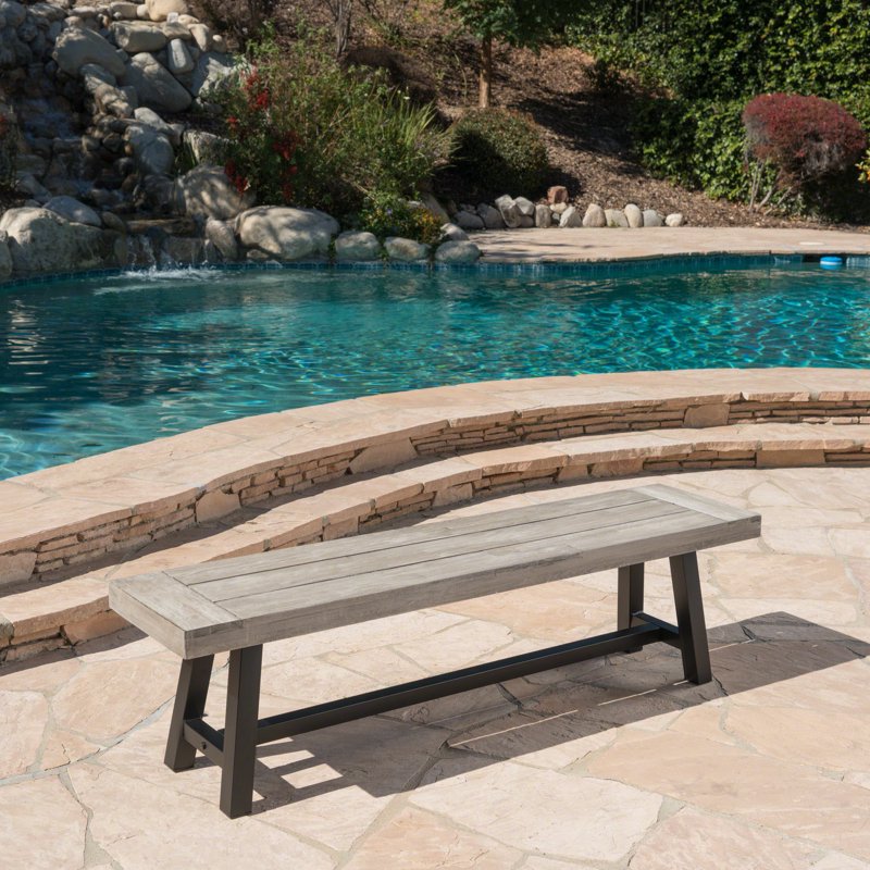 Outdoor Acacia Wood Bench - Sandblasted Light Gray/Black Rustic Metal