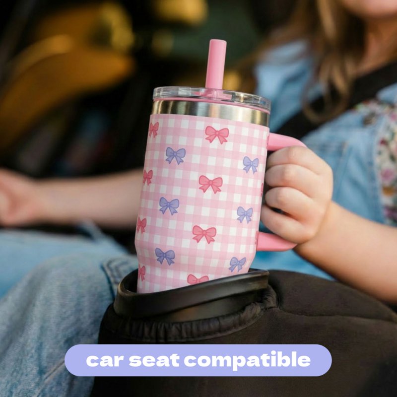 My First Travel Tumbler for Kids - 12oz Insulated Stainless Steel, Plaid Bows