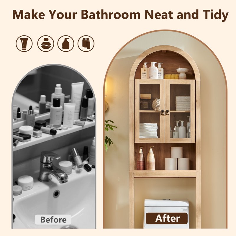 SinCiDo Arched Over Toilet Storage Cabinet - Natural Bathroom Shelf with Adjustable Shelf