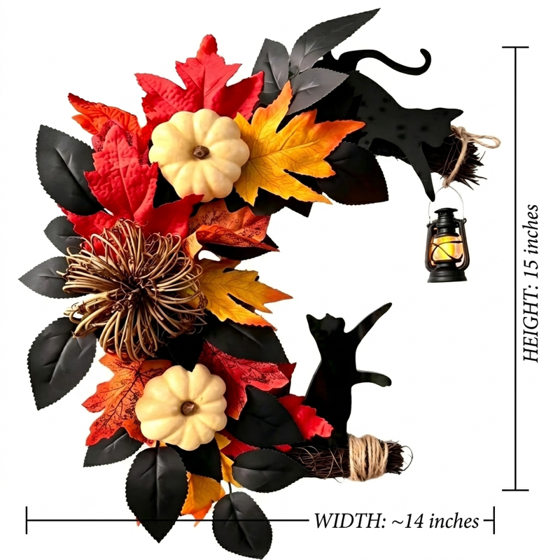 15-Inch Fall & Halloween Half Wreath with Black Cats & LED Lantern for Front Door
