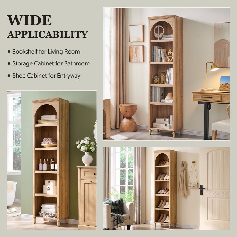 Tall Arched Bookcase - 5-Tier Narrow Bookshelf for Stylish Storage