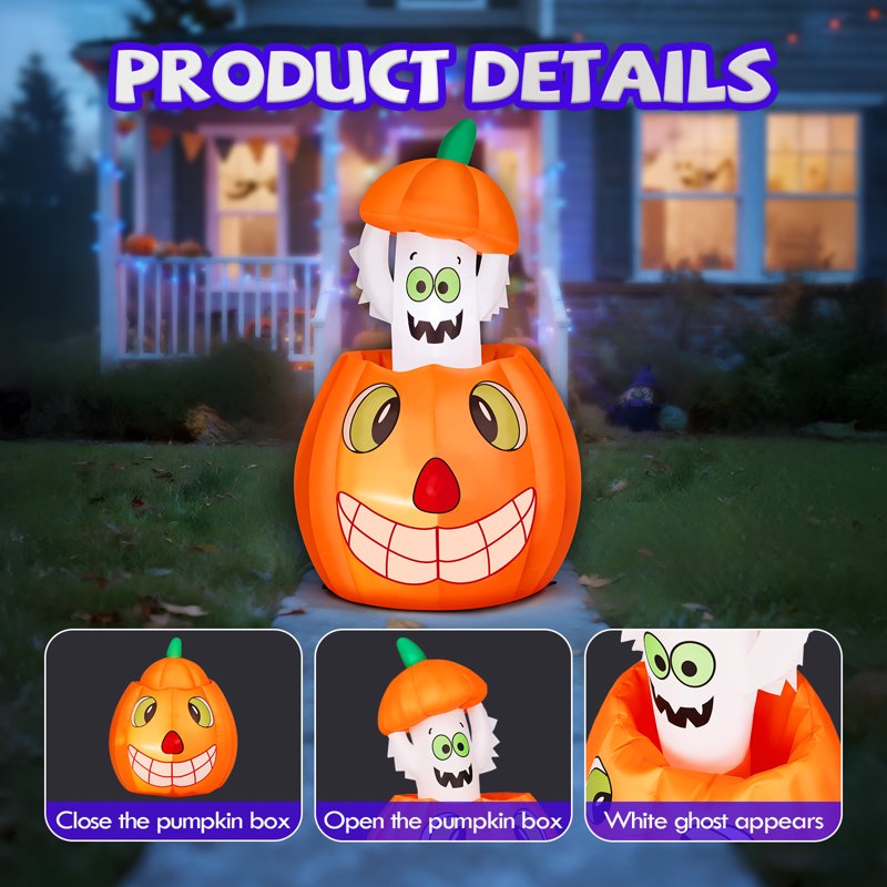 2.8ft Inflatable Halloween Pumpkin Ghost with LED Lights - Outdoor Yard Decor