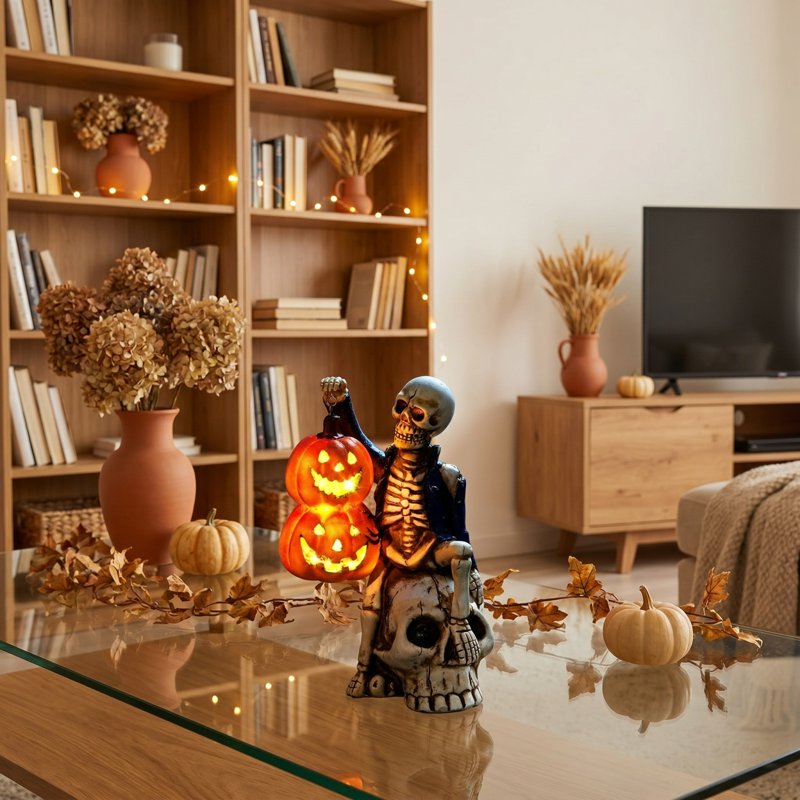 Halloween Skeleton Resin Figurine with Light Up Pumpkin Lantern - 21#
