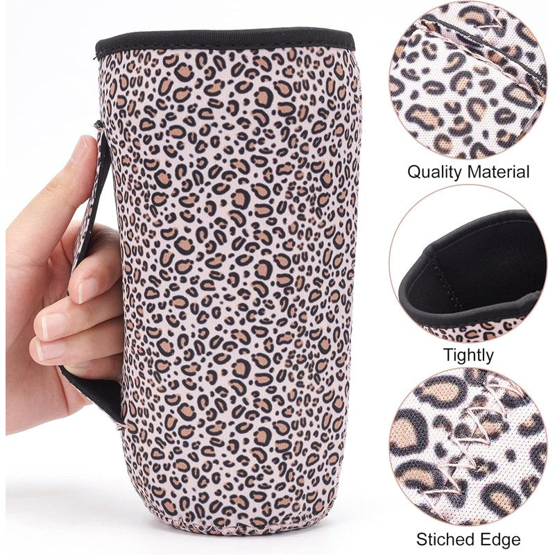 Neoprene Iced Coffee Cup Sleeve with Strap - 30oz~32oz - Little Leopard Pattern