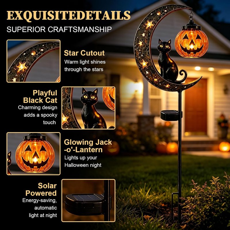 Solar Halloween Black Cat & Pumpkin Moon Garden Stake Light - Waterproof Metal Yard Decor - Variation B