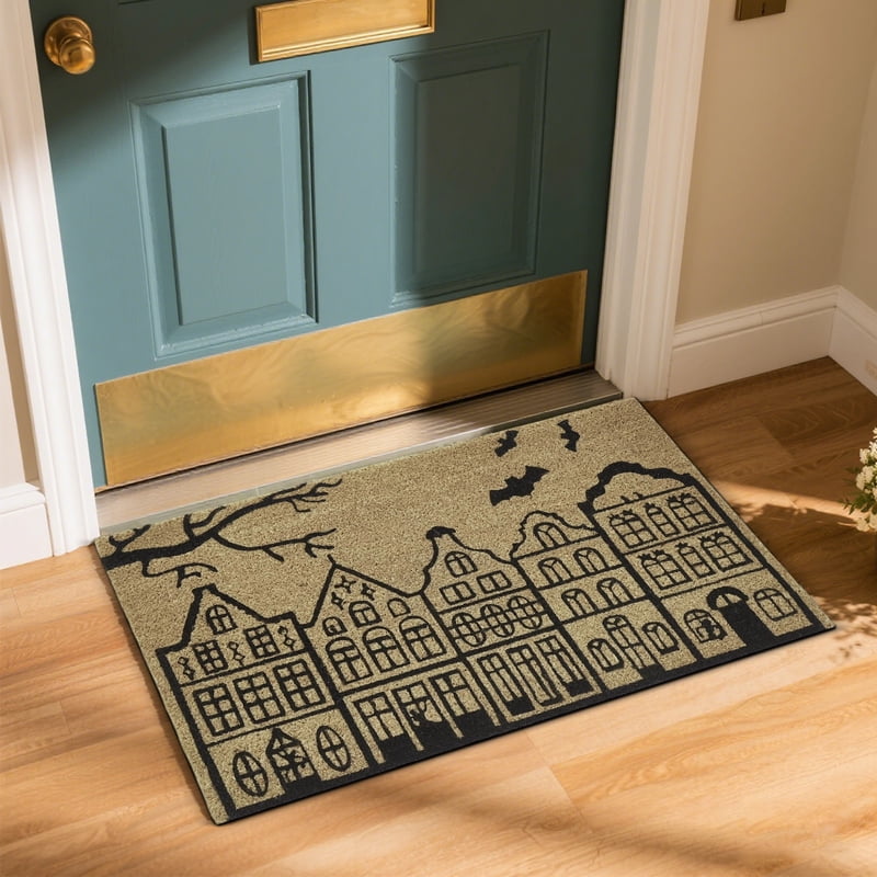 Halloween Haunted House Bat Coir Door Mat 48×30 Inch - Non-Slip Outdoor Rug with Spooky Town Design - Variation L
