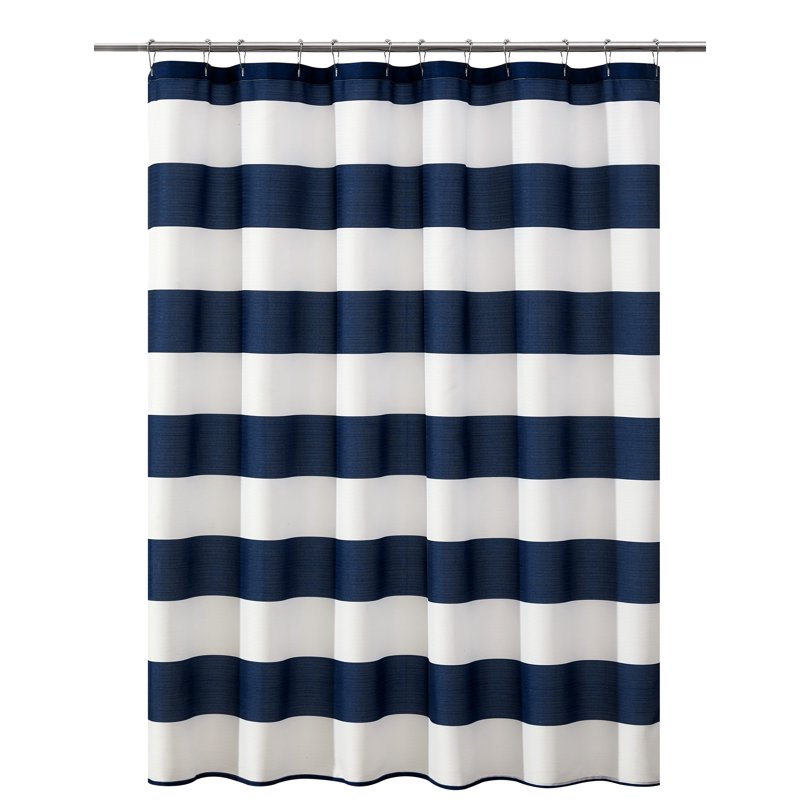 Blue Cabana Striped Shower Curtain & Medium Weight Liner - 72x72 Inches - Textured Bathroom Decor