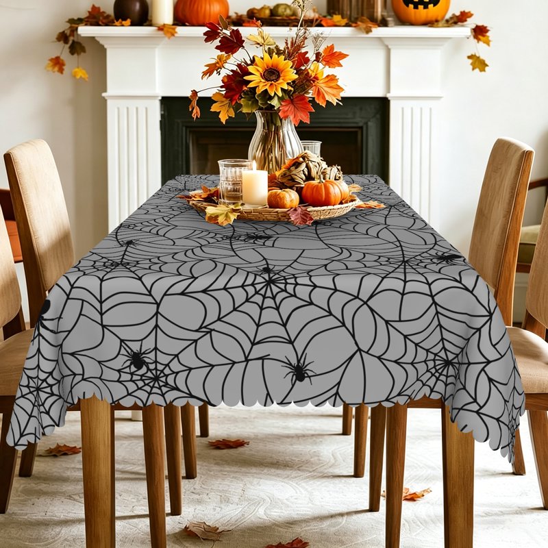 Halloween Gray Spider Web Tablecloth - 60x120 Inch Holiday Dining Cover - PBOBRIICH