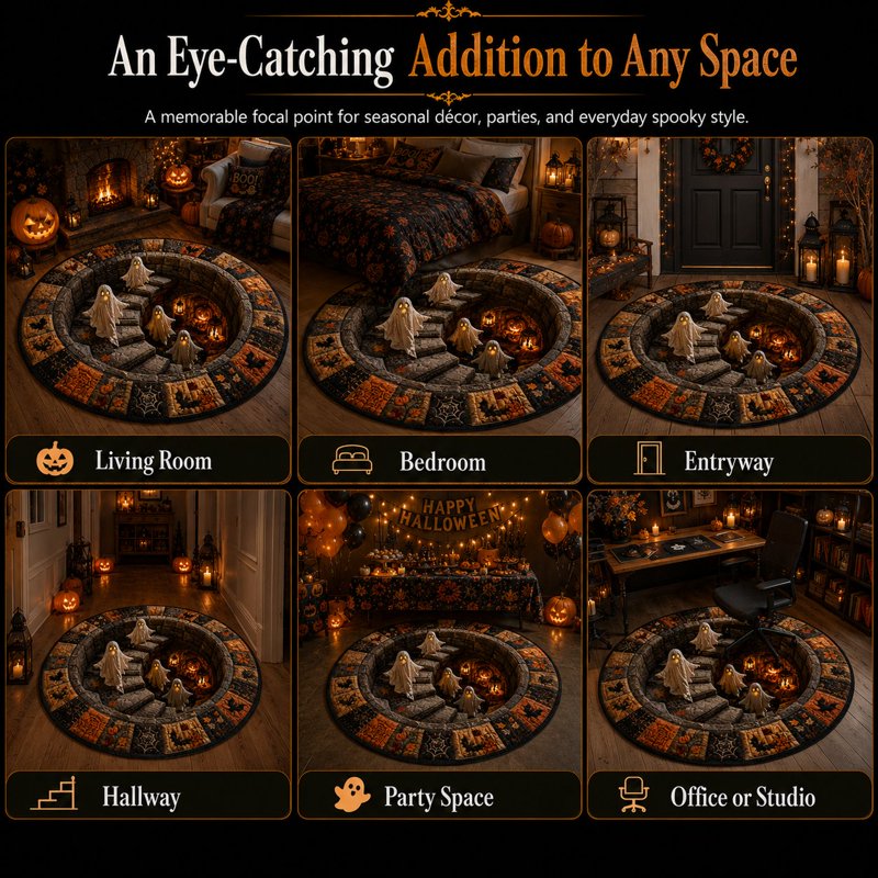 Halloween Staircase Optical Illusion Round Rug - Spooky 3D Floor Mat with Ghosts & Pumpkins - Variation A