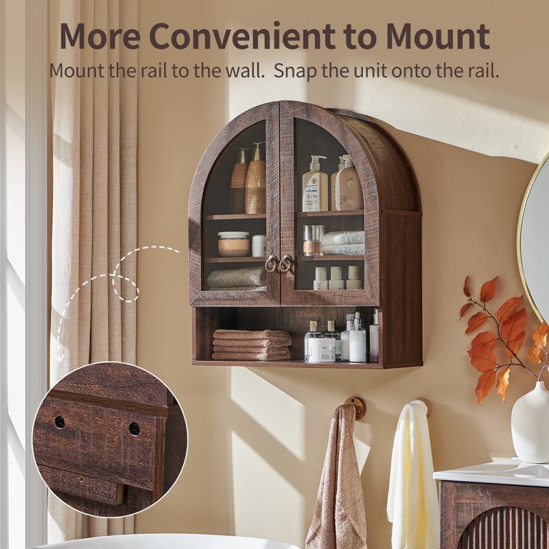 SinCiDo Brown Bathroom Medicine Cabinet with Arched Glass Doors & Adjustable Shelves - Over Toilet Wall Storage